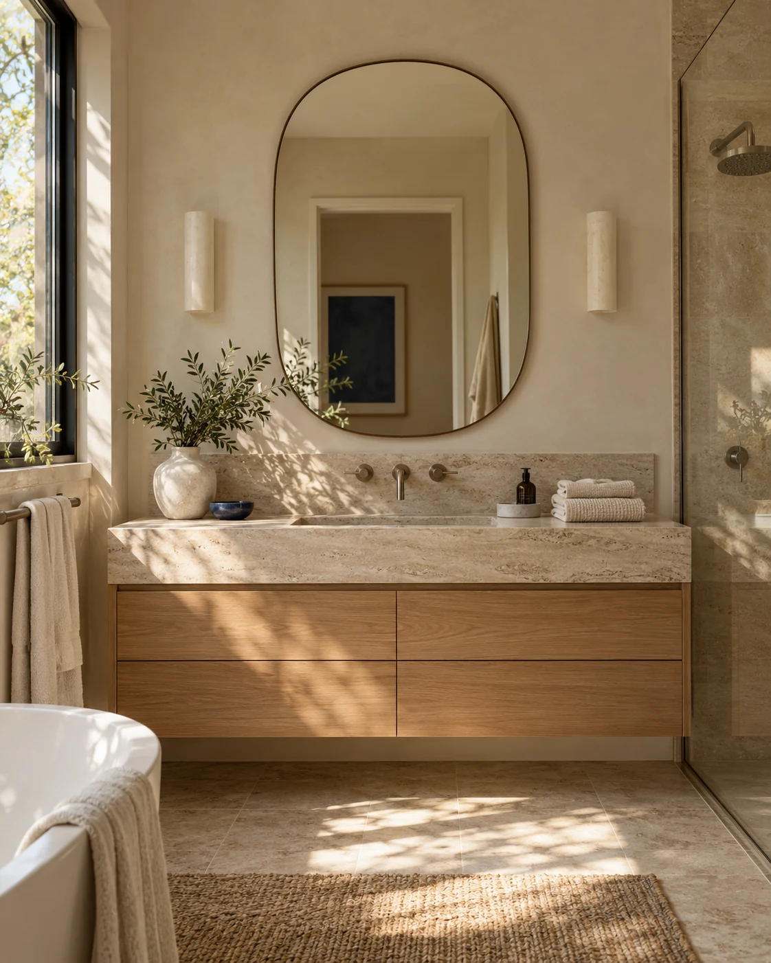 Illustrative bathroom with travertine, oak cabinetry and neatly folded linen in soft natural light